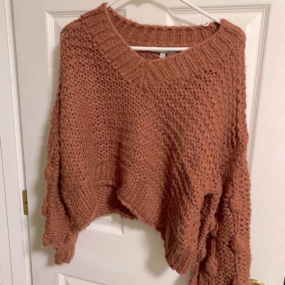 Rust Color Pom Sleeve Sweater NWOT